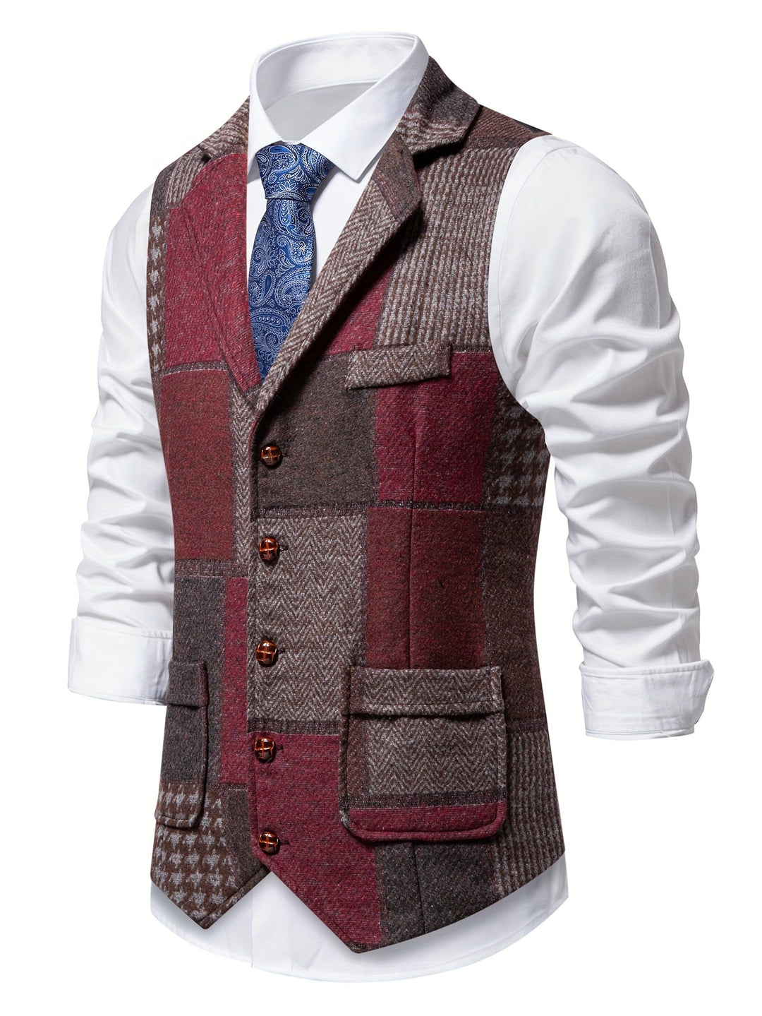 Leo Patchwork Tweed Waistcoat in a Classic Herringbone Pattern