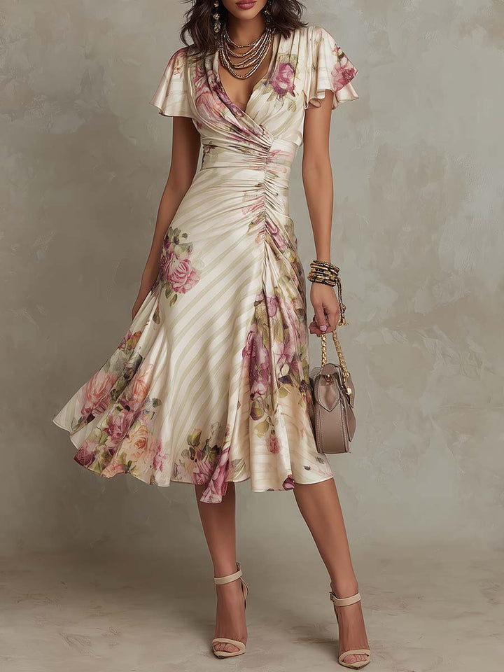 Albas | Elegant Retro Floral Satin Midi Dress
