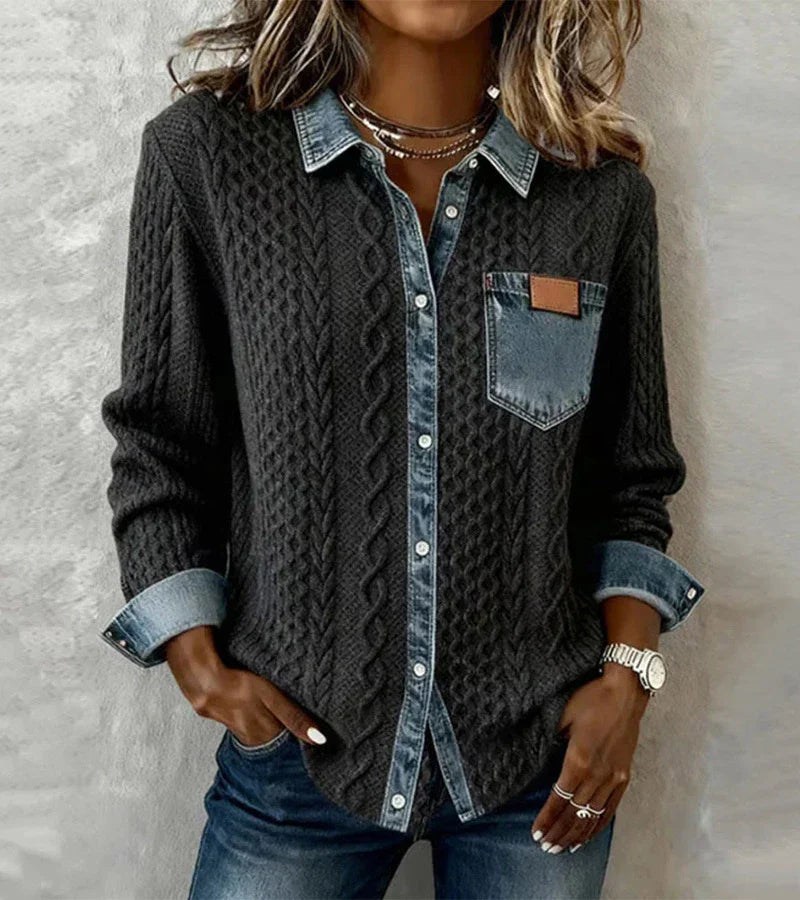 Amber | Patchwork Knit Top With Denim Details
