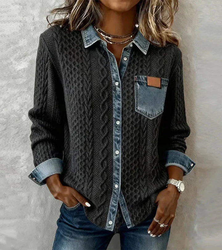 Amber | Patchwork Knit Top With Denim Details