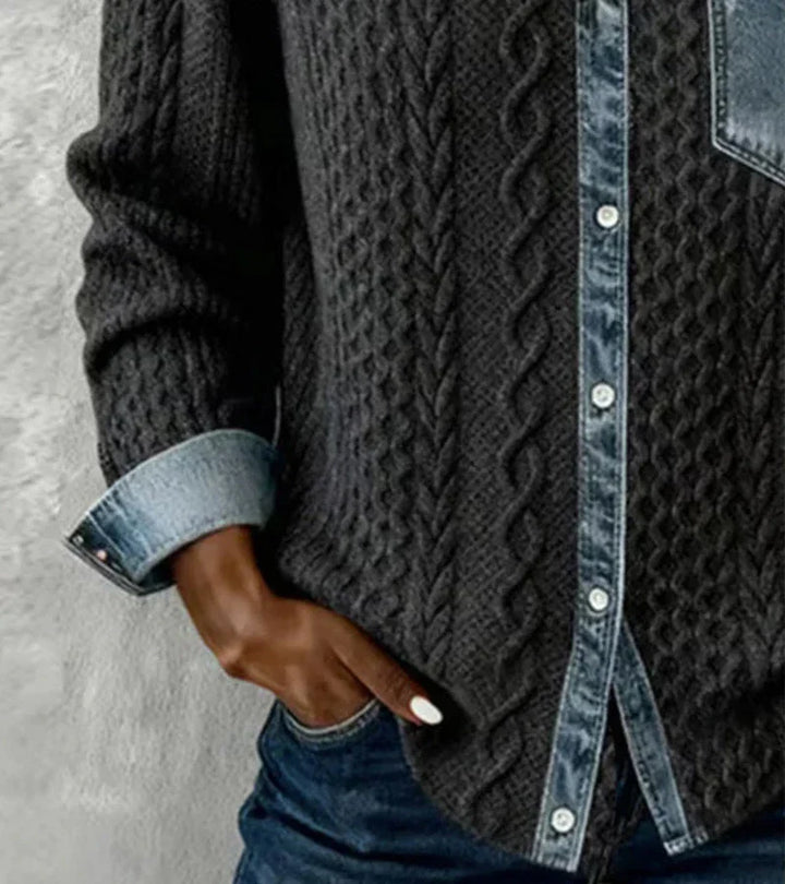 Amber | Patchwork Knit Top With Denim Details