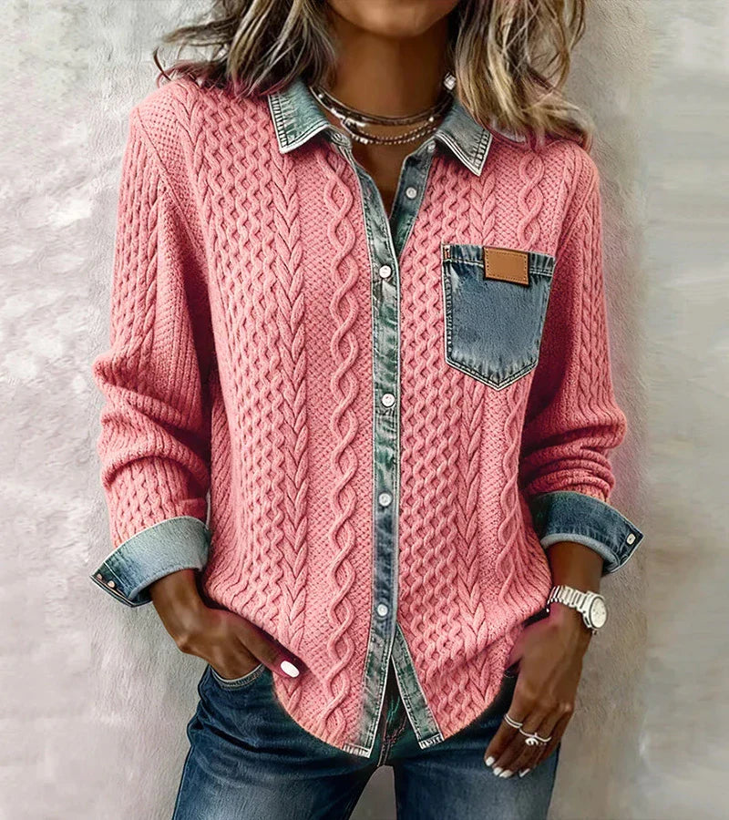 Amber | Patchwork Knit Top With Denim Details
