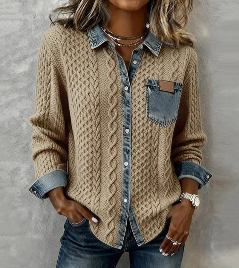 Amber | Patchwork Knit Top With Denim Details