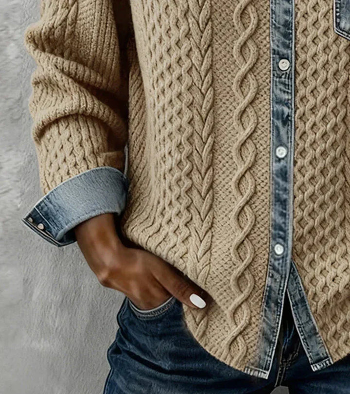 Amber | Patchwork Knit Top With Denim Details