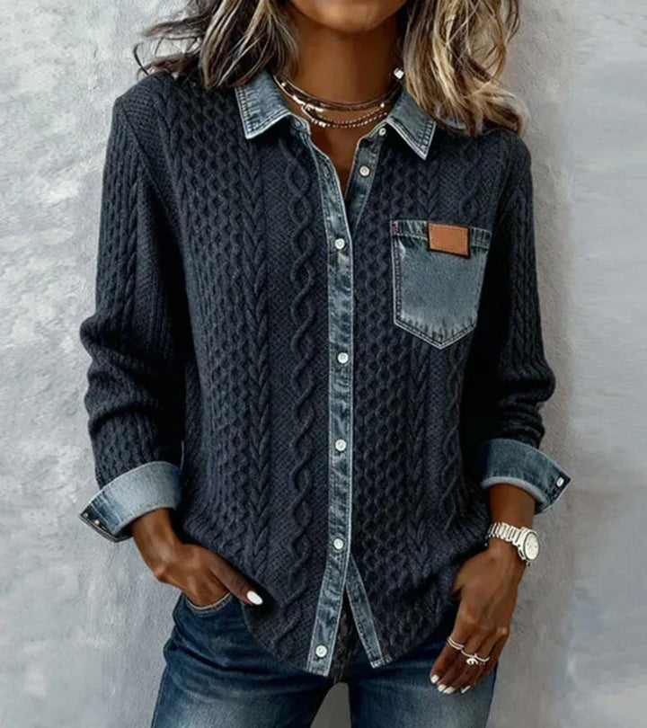 Amber | Patchwork Knit Top With Denim Details