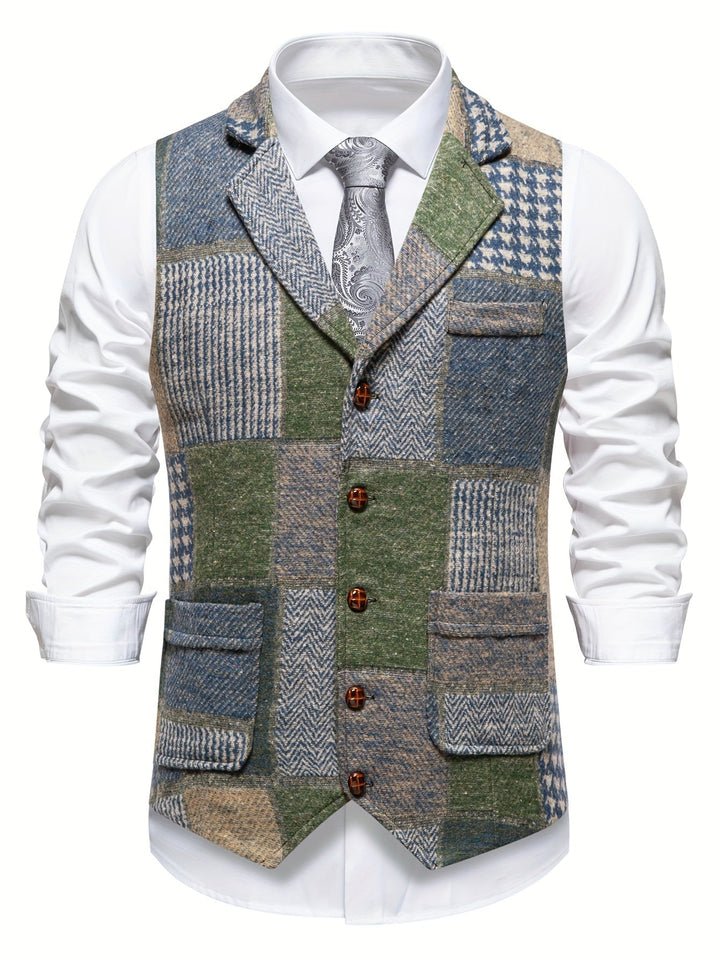 Leo Patchwork Tweed Waistcoat in a Classic Herringbone Pattern