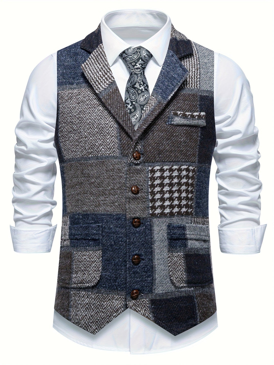 Leo Patchwork Tweed Waistcoat in a Classic Herringbone Pattern