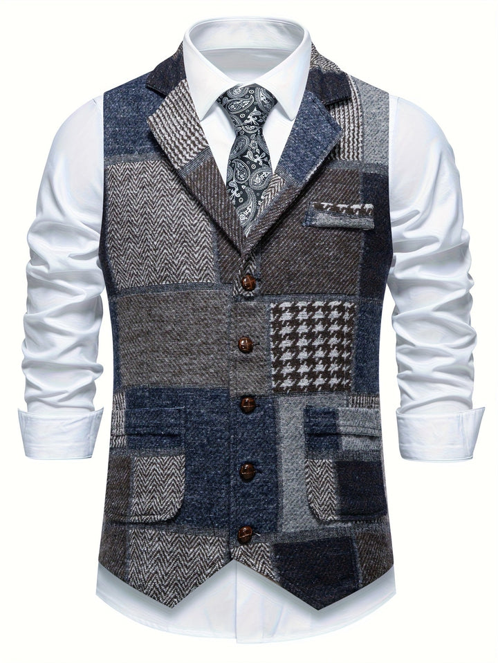 Leo Patchwork Tweed Waistcoat in a Classic Herringbone Pattern