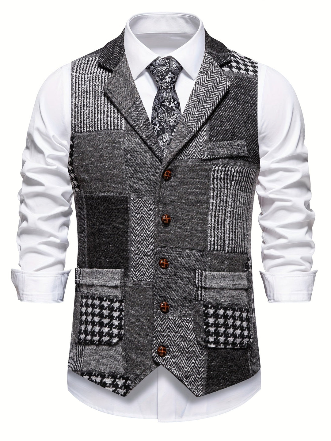 Leo Patchwork Tweed Waistcoat in a Classic Herringbone Pattern