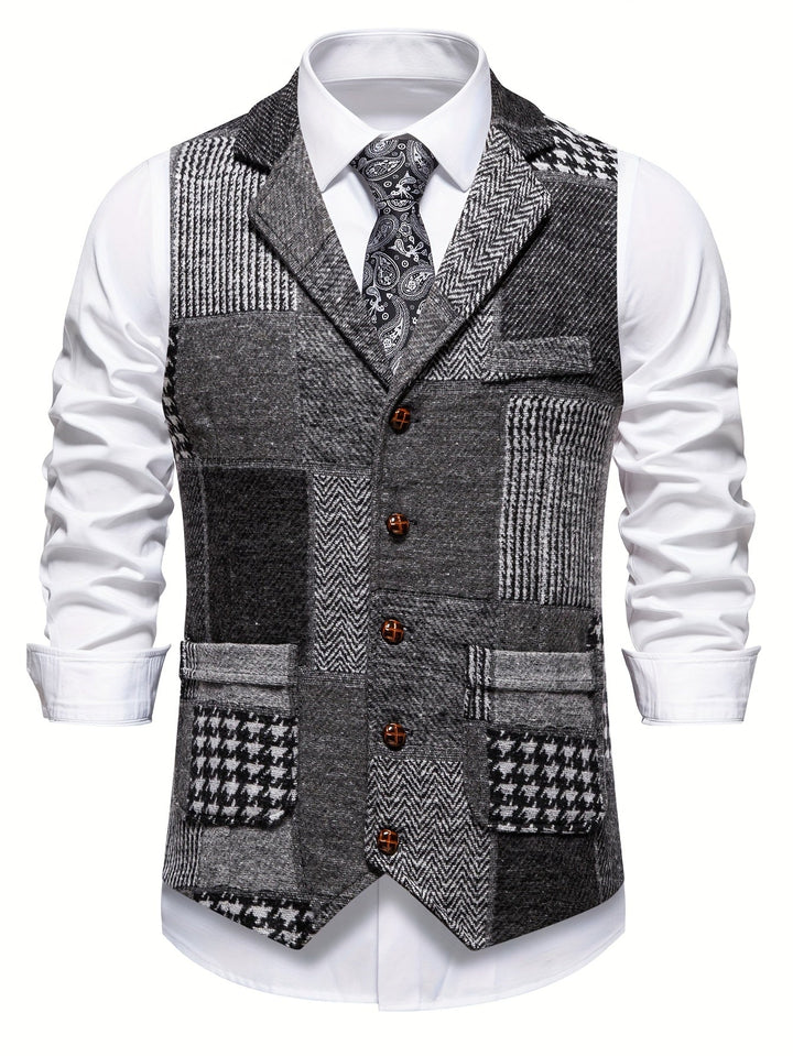 Leo Patchwork Tweed Waistcoat in a Classic Herringbone Pattern
